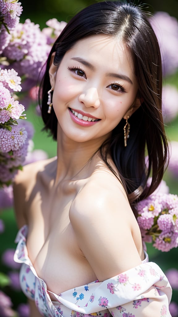 masterpiece, light tracking, gradual blend, highest quality, raw photo, ultra realistic,
Chinese girl, pure face, blue sky blouse, sexy smile, deductive smile, (cleavage:0.9), bokeh, earrings, hair over shoulder, flowers head dressing, purple flowers, facing viewer, close up, breasts, pink lips