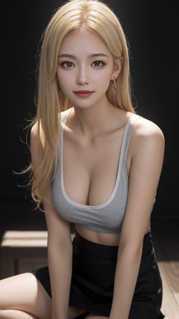 1European girl 25 years old, solo, dynamic pose, light-blonde hair, smile, messy medium hair, hair over one eye, normal breast, earrings, black eyes, healthy skin, high detailed skin, skin pores, (tank top), short skirt, (UHD, photorealistic:1.4, raw photo:1.2, hdr), best quality, masterpiece, crystal clear, sharp focus, studio lighting, photon mapping, professional color grading, random background