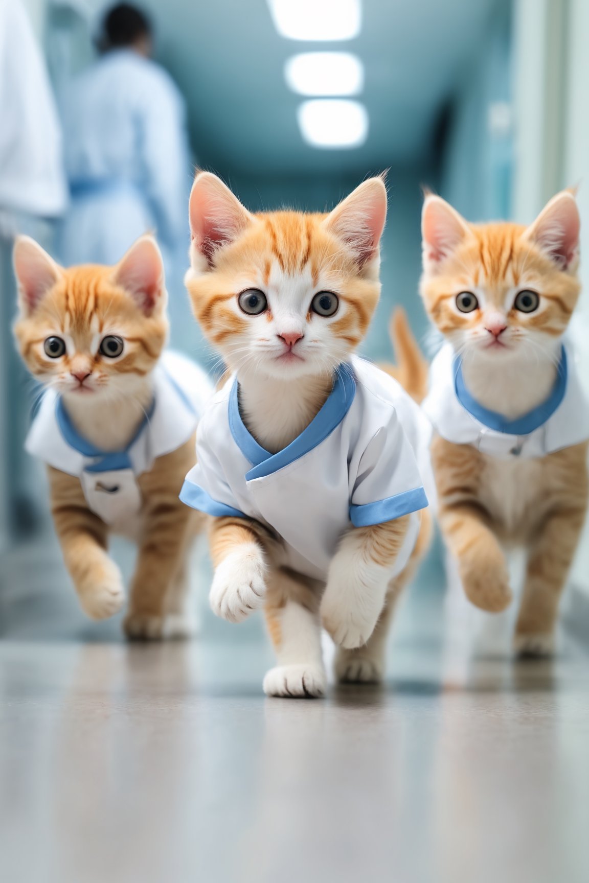 blurry hospital background, kittens in line, wearing nurse uniform, walking like human, clinic operation