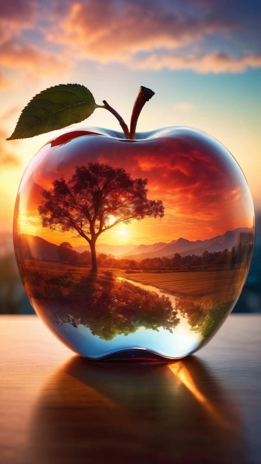 lovely double exposure image by blending together a sunset and a glass apple. The sky should serve as the underlying backdrop, with its details subtly incorporated into the glossy glass apple, sharp focus, double exposure, glossy glass apple, (translucent glass figure of an apple) (sky inside) lifeless, dead, glass apple, earthy colors, decadence, intricate design, hyper realistic, high definition, extremely detailed, dark softbox image, raytracing, cinematic, HDR, photorealistic (double exposure:1.1)