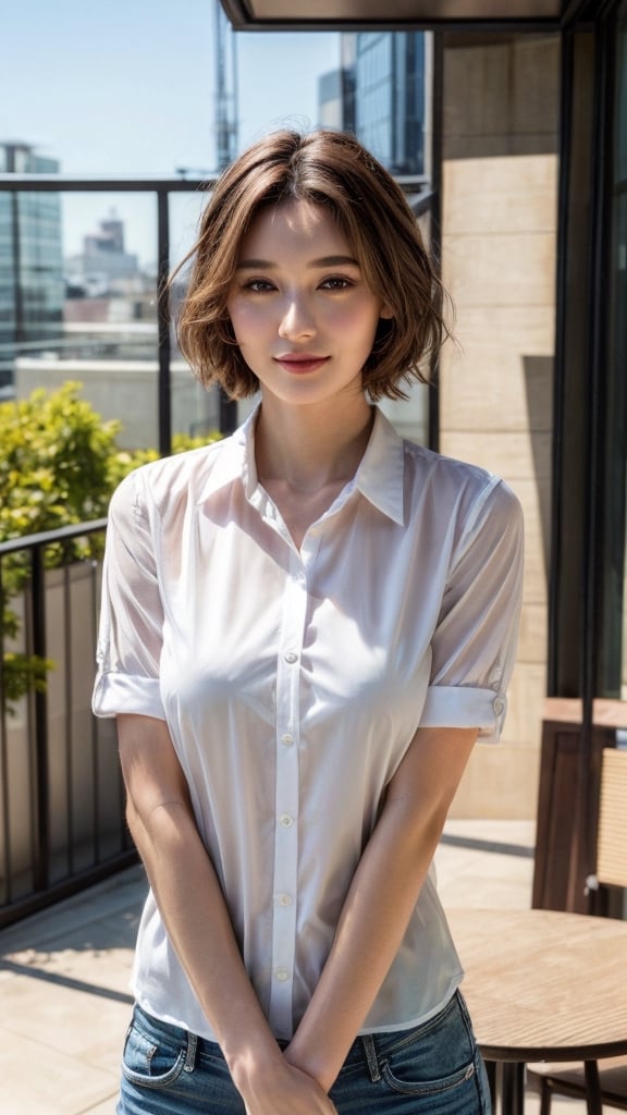 (Best quality, 8k, 32k, Masterpiece, UHD:1.2),Photo of Pretty Japanese woman, 1girl, (medium-short dark brown hair), double eyelid, large breasts, perfect hands, wide hips, beautiful legs, pale skin, detailed pores skin, white collared_shirt, see-through,  smile, look at viewer, relaxing, fashion model posing, cafe terrace, medium-short hair, upper body shot, detailed eyes, detailed facial, detailed natural real skin texture, detailed fabric rendering