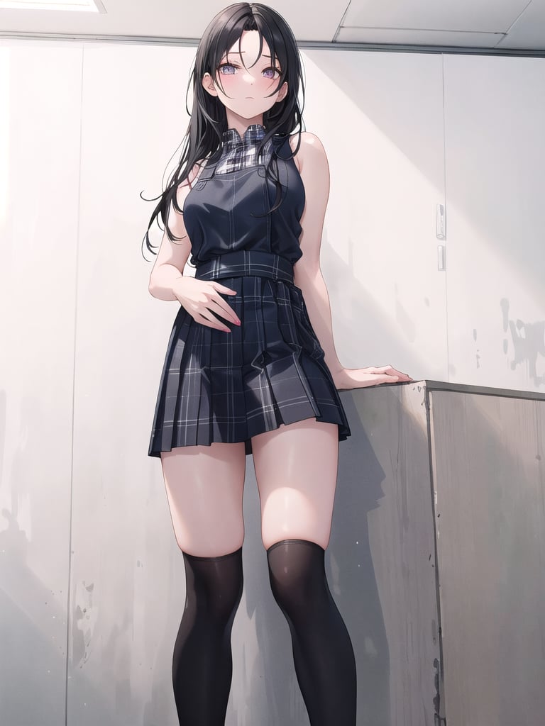 A solo female figure stands indoors, her long black hair cascading down to the floor, with bangs framing her forehead. She wears a sleeveless shirt and plaid skirt that falls just above her knees. Black thigh-high socks cover her legs, extending above knee level. Her arm is behind her back, while her feet are partially out of frame. The overall aesthetic is realistic, capturing the model's natural beauty in a subtle, understated pose.