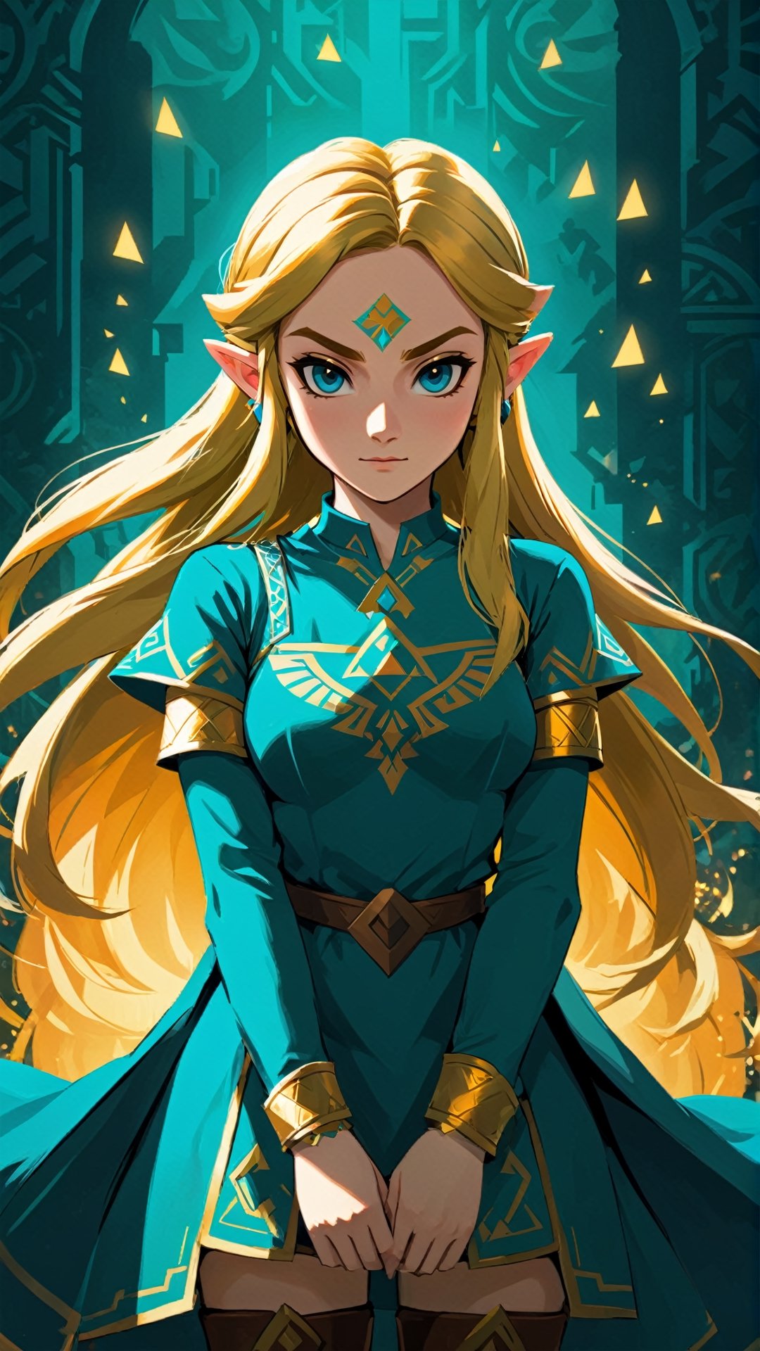 Silhouette art of Zelda, split complementary color scheme from deep teal, outlined in bold lines, golden lights, regal lines
