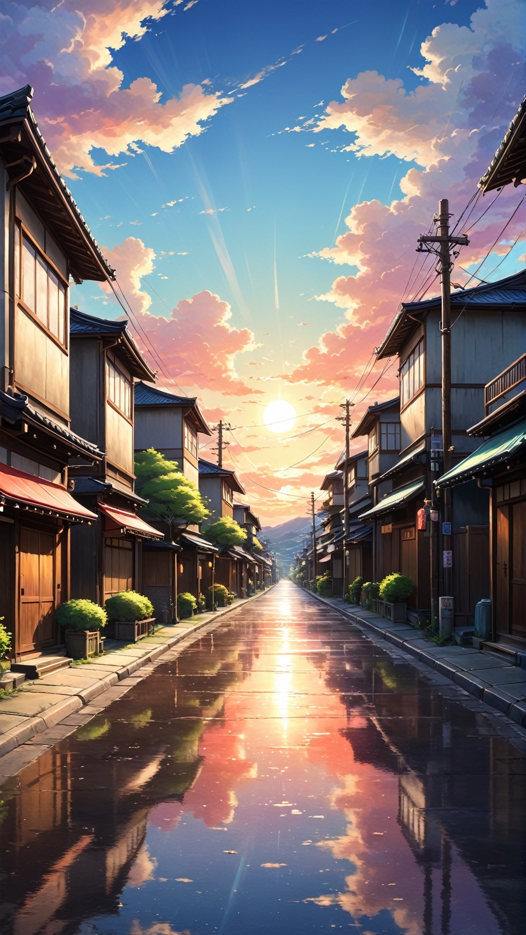 2d anime style, oil painting, rough paint, an empty japanese street, breathtaking, visually rich, panoramic, manga style, empty horizon, reflections, white summer clouds, colorful sky with sunset colors, animation background, glow, highly detailed, lens flare, light bloom, hand-drawn, beautiful gradient, glowing shadows, fine detail, film grain, vignette, light leak, 