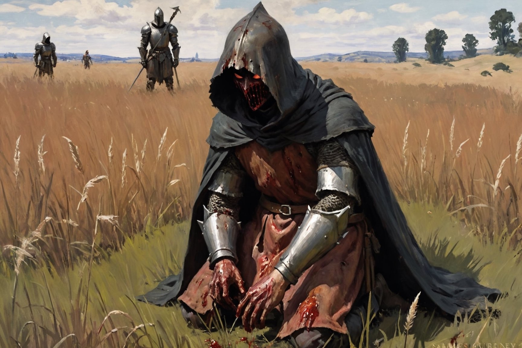 (rusty, tarnished, hood:1.2) knight vast tall grass field with figure kneeling bloody with (hooded, faceplate) figure ,(art by James Gurney), eerie, thick paint, close_up,(art by sargent), starved, robes, , pale, (bloody), Elden_ring, defeated, , medieval, wounded, epic,impressionist painting