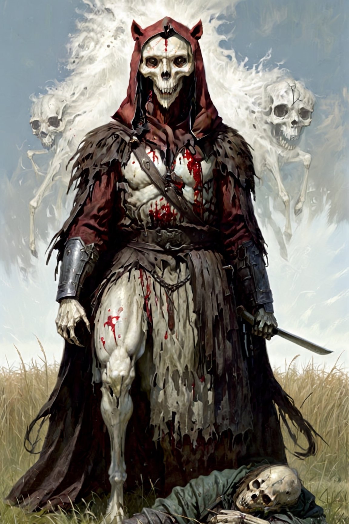 vast tall grass field with figure bloody with wendigo (skeletal horse_head:1.4) , James Gurney, eerie, thick paint, close_up, hood, (wendigo),art by sargent, starved, robes, hatchet, pale, bloody (chestplate), armor,newhorrorfantasy_style