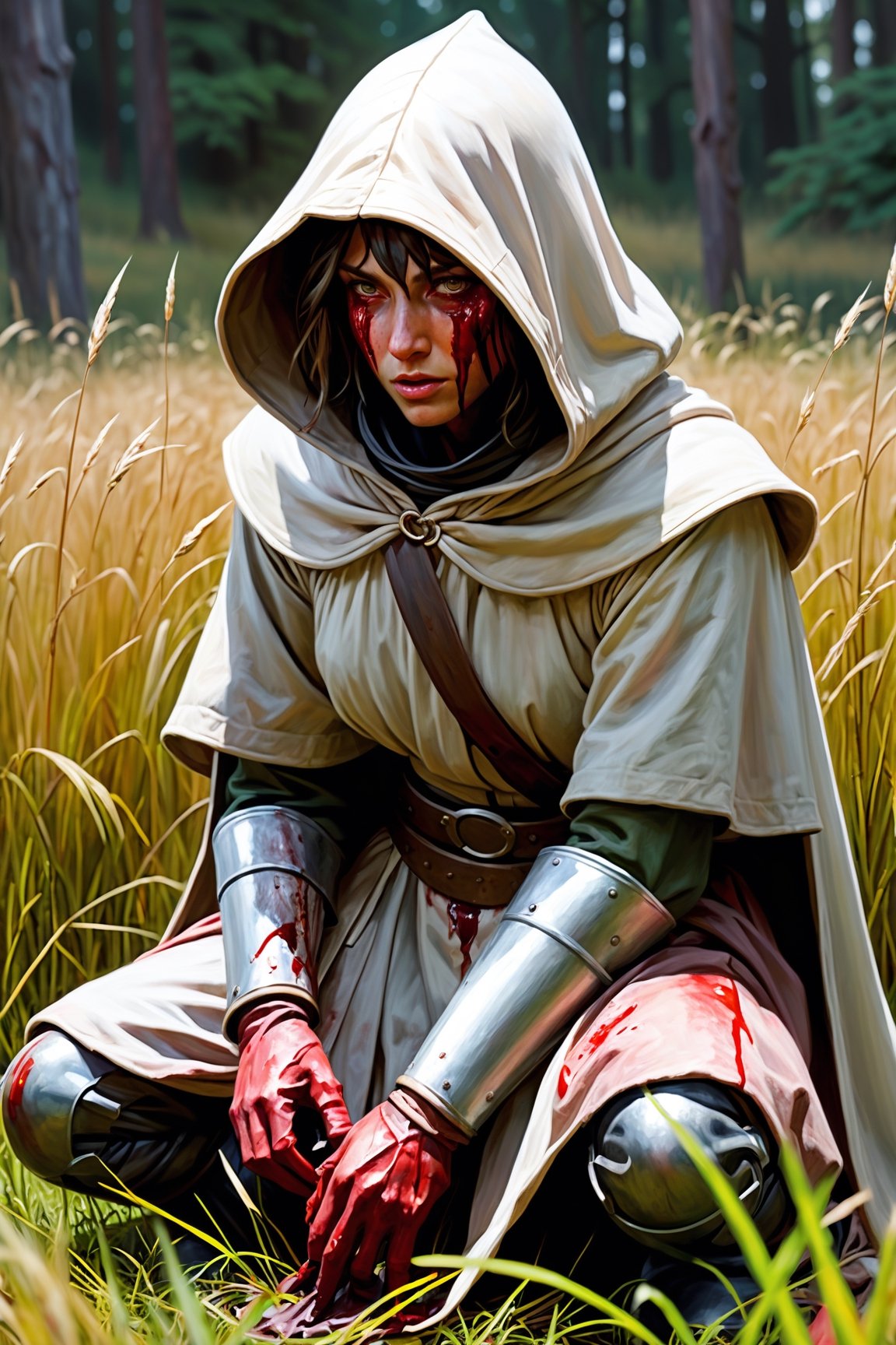 vast tall grass field with figure kneeling bloody with (hood, faceplate, helmet) figure ,(art by James Gurney), eerie, thick paint, close_up,(art by sargent), starved, robes, , pale, (bloody), ,newhorrorfantasy_style, Elden_ring