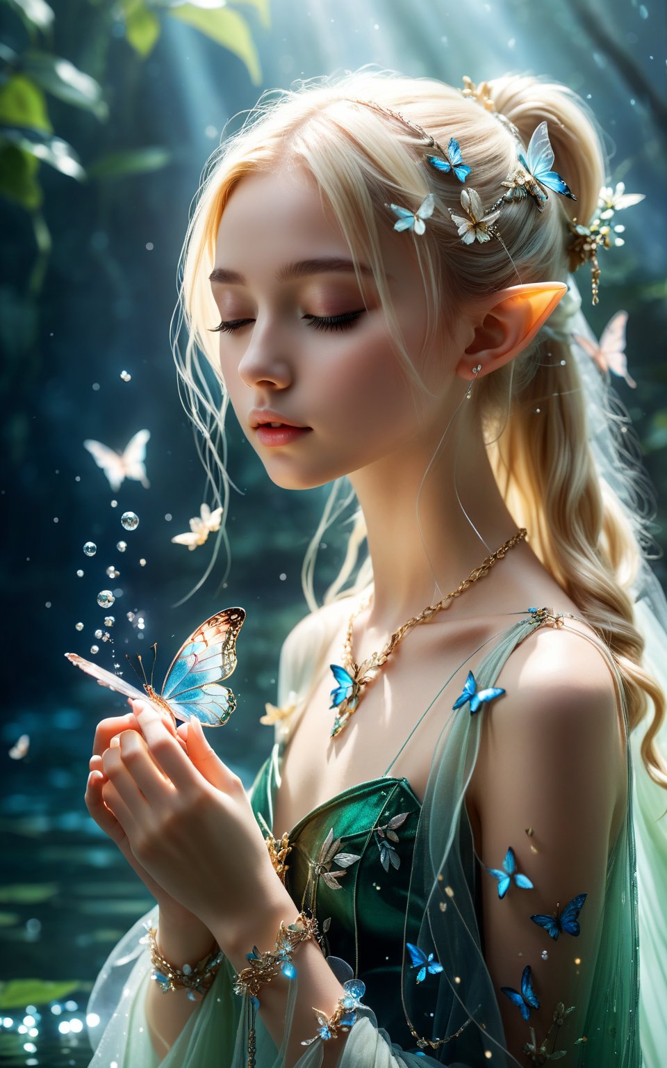 Masterpiece photo of a extremely beautiful 18yo girl, petite, small breasts, skinny, full body, eyes closed, elf ears, long blonde hair, ponytail, transparent dress, fairy wings, jewelry, necklace, arm bracelets, kneeling, close-up, holding butterfly on her finger, ealistic, dynamic lighting, beautiful environment, (water:0.5), highly detailed, concept art, realistic high key, bright, cinematic , high budget , volumetric fog, light scattering
, ,large-eyed 