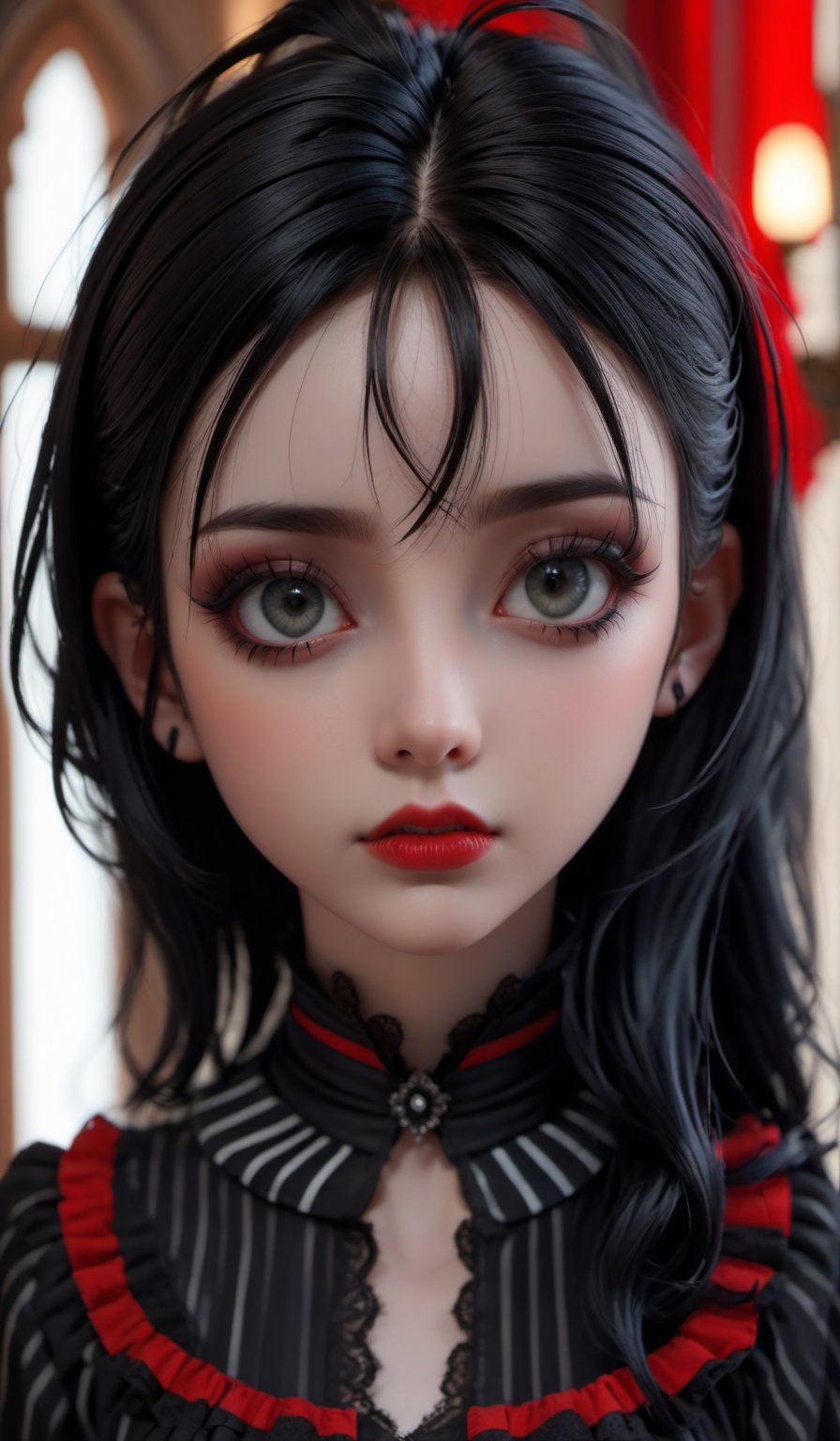 arafed woman with a black and red striped top and a black, upper body shot, 18 - year - old goth girl, goth girl, gothic horror vibes, goth vibe, goth girl aesthetic, pale goth beauty, grey eyes, 18 - year - old anime goth girl, goth aesthetic, dark goth queen, very beautiful goth top model, gothcore, goth woman
,midjourney,mansion, large-eyed ,3d toon style
