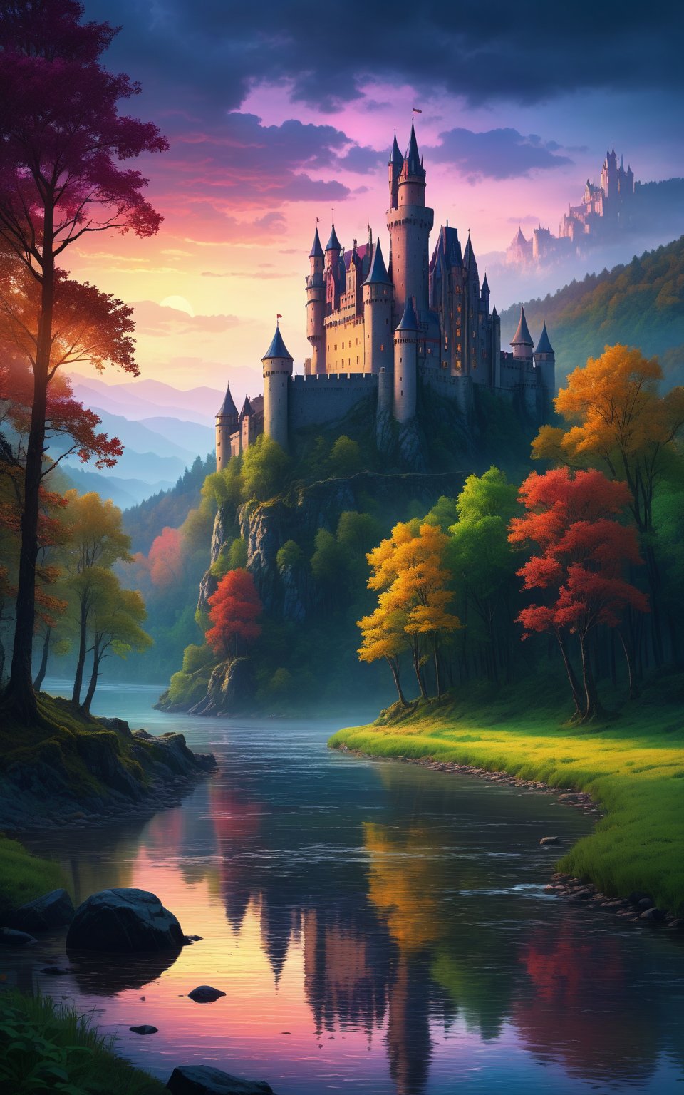 colorful scene of a castle in the forest beside a river in the evening. It's very gloomy and mysterious. The castle is shown in the foreground with the river in the background,concept art