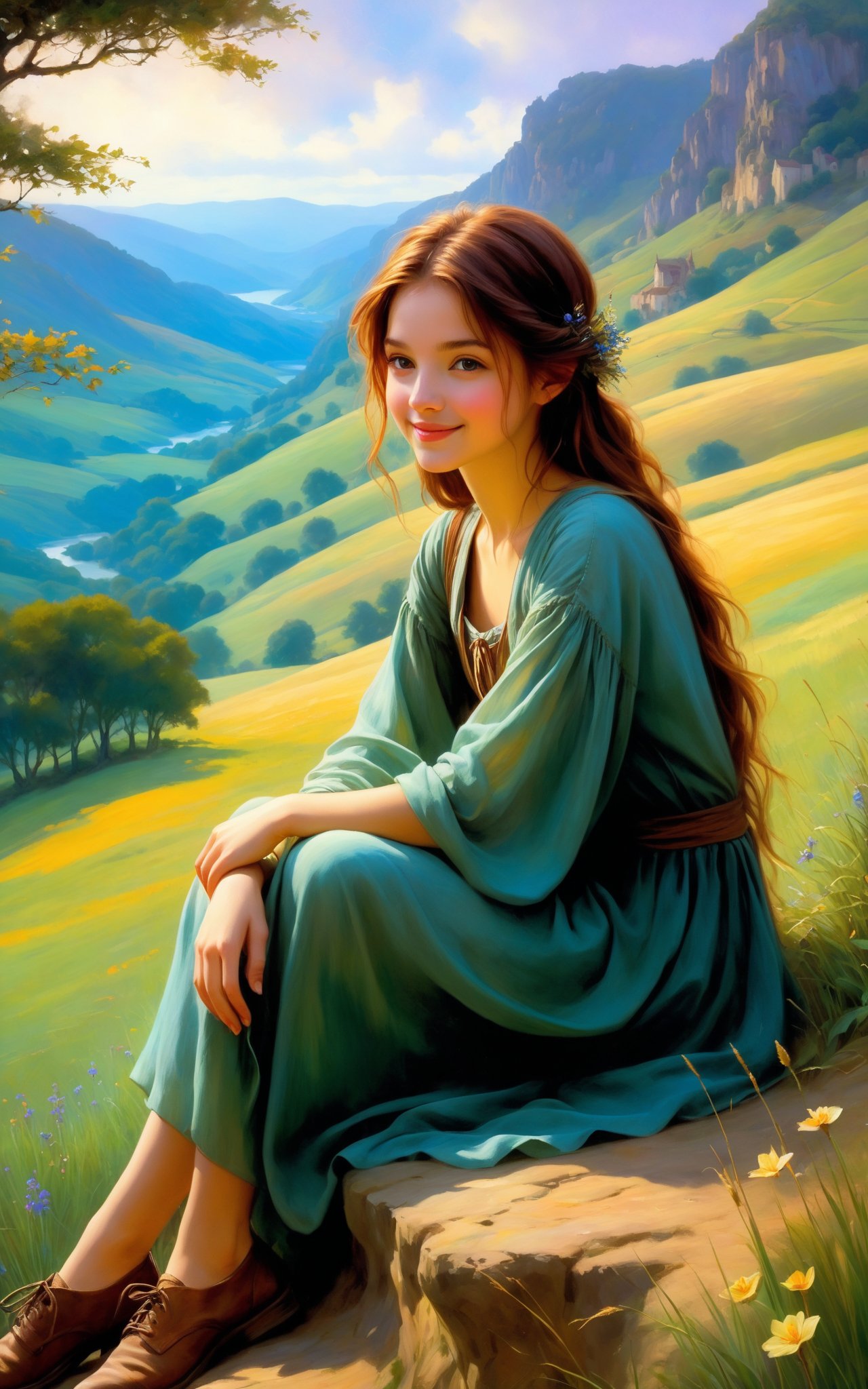 a series of hills , romantic impressionism, dream scenery art, beautiful oil matte painting, pretty girl sitting in the foreground, shy smile, looking at viewer, romantic, beautiful digital painting, anime landscape, romantic painting, dreamlike digital painting, colorful painting, thick brushstrokes characteristic, rough stroke, beautiful gorgeous digital art, style Karol Bok, Brian Froud, Wendy Froud, Guy Davis, Sergio Sandoval
