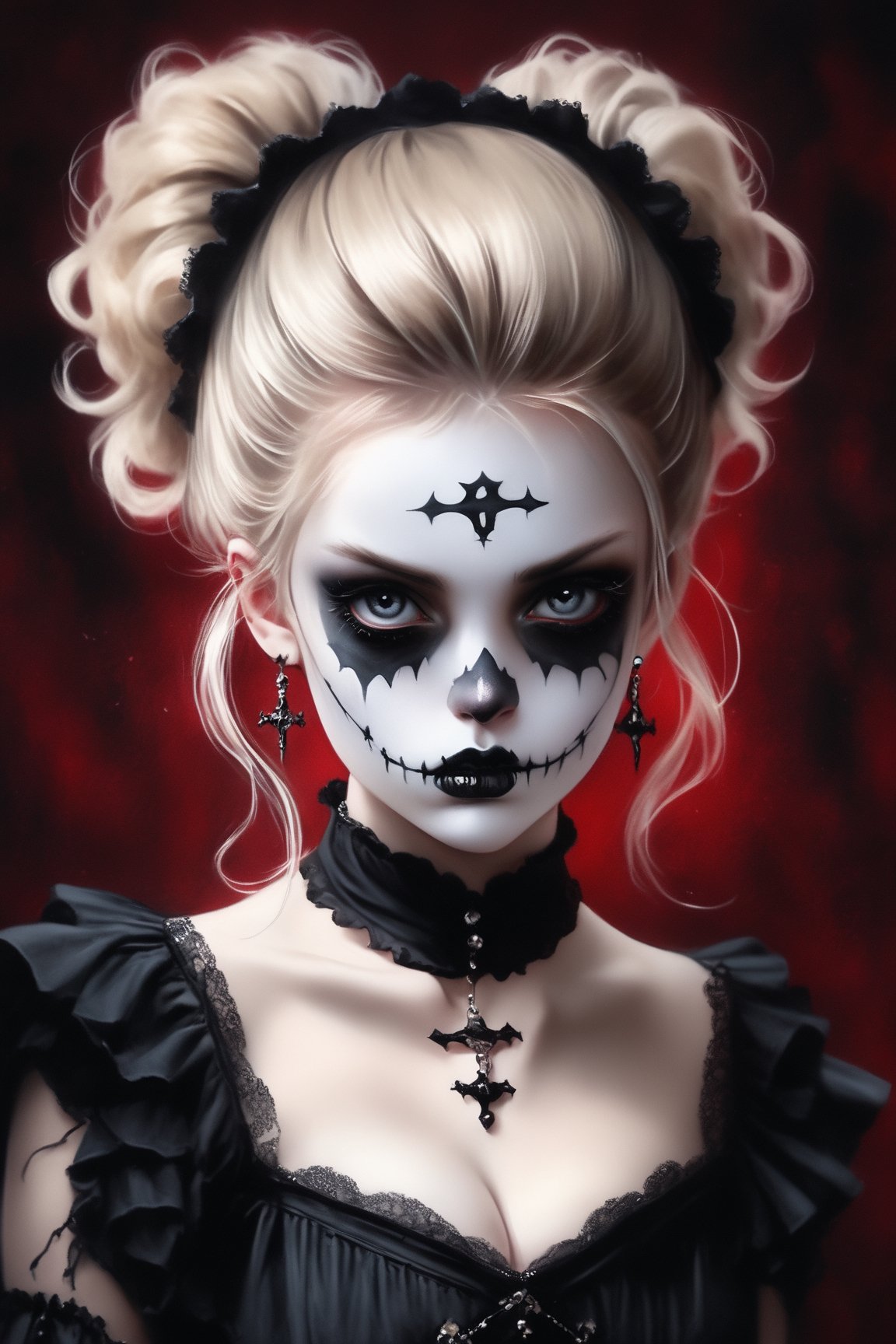 1girl, with black and white makeup, trending on deviantart, gothic art, grotesque, (maddi_devey_model, PICTURE ON LEVELS, marbled skin, ruffled upward hair, blonde hair, bangs, small skull earring, small breasts, photorealistic, gothic, goths, dark and mysterious, dark red background, dull: 1)!, flowing, sharp focus, beautiful, epic composition, refined, sovereign, creative, winning, perfect, pretty, attractive, singular, romantic gothic, cinematic, complex, thought, extremely, focused, graceful, light, extremely coherent Photorealistic, realistic, Canon 5D Mark IV 85mm f/1.8, realistic eyes, detailed eyes, ((upper body view))
,detailmaster2