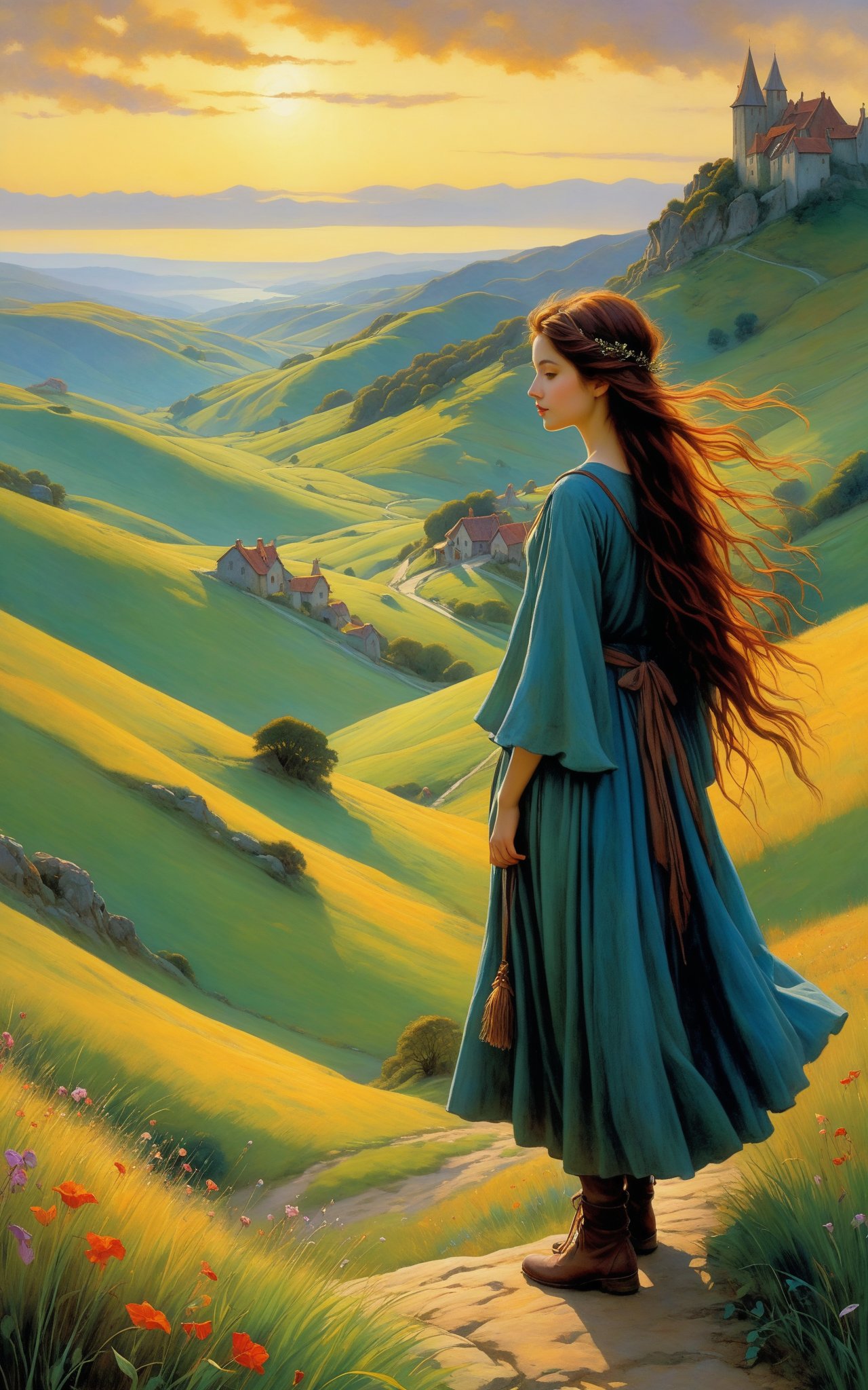 a series of hills , romantic impressionism, dream scenery art, beautiful oil matte painting, pretty girl in foreground, looking at viewer, romantic, beautiful digital painting, anime landscape, romantic painting, dreamlike digital painting, colorful painting, thick brushstrokes characteristic, rough stroke, beautiful gorgeous digital art, style Karol Bok, Brian Froud, Wendy Froud, Guy Davis, Sergio Sandoval
