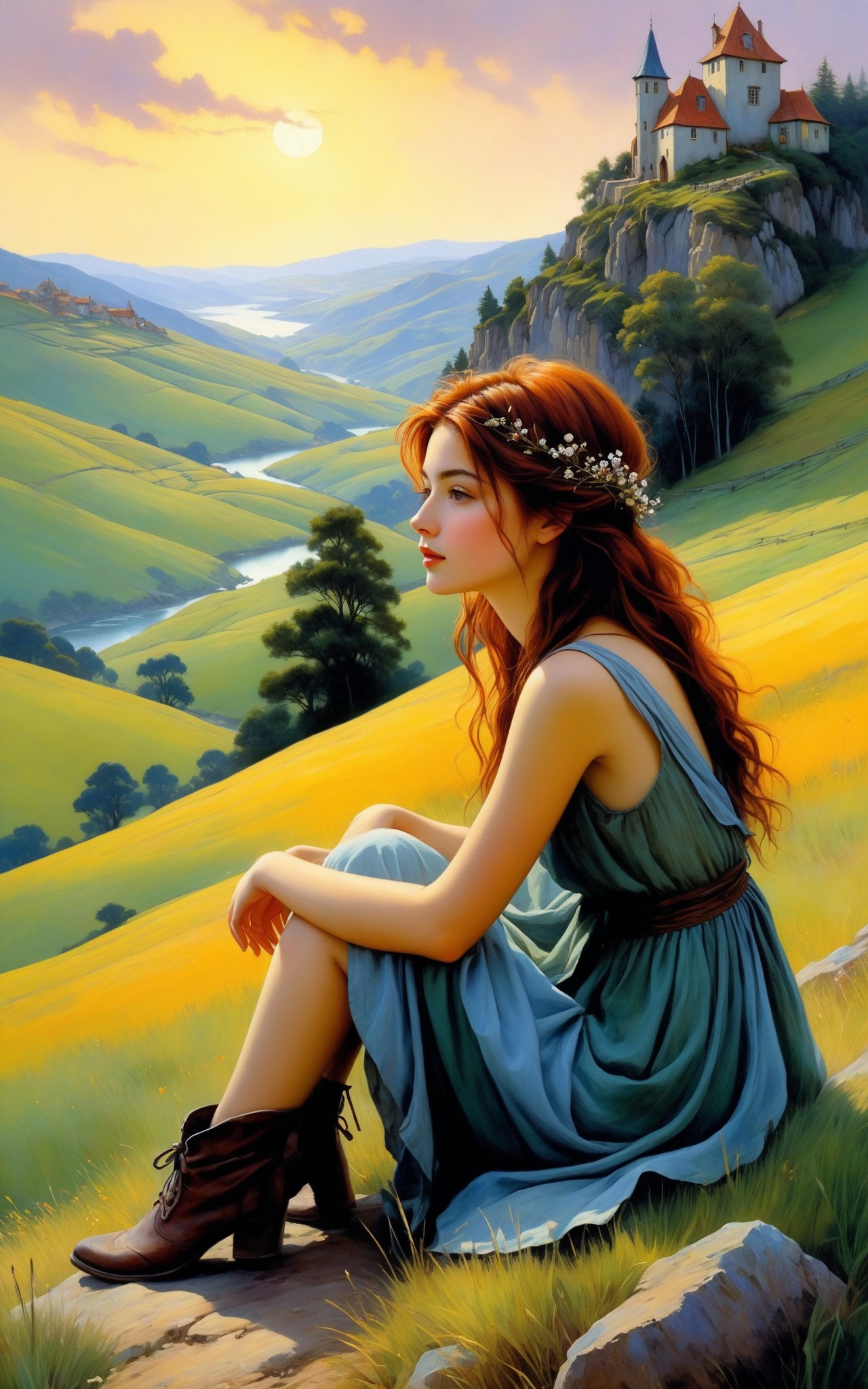 a series of hills , romantic impressionism, dream scenery art, beautiful oil matte painting, pretty girl sitting in the foreground, looking at viewer, romantic, beautiful digital painting, anime landscape, romantic painting, dreamlike digital painting, colorful painting, thick brushstrokes characteristic, rough stroke, beautiful gorgeous digital art, style Karol Bok, Brian Froud, Wendy Froud, Guy Davis, Sergio Sandoval
