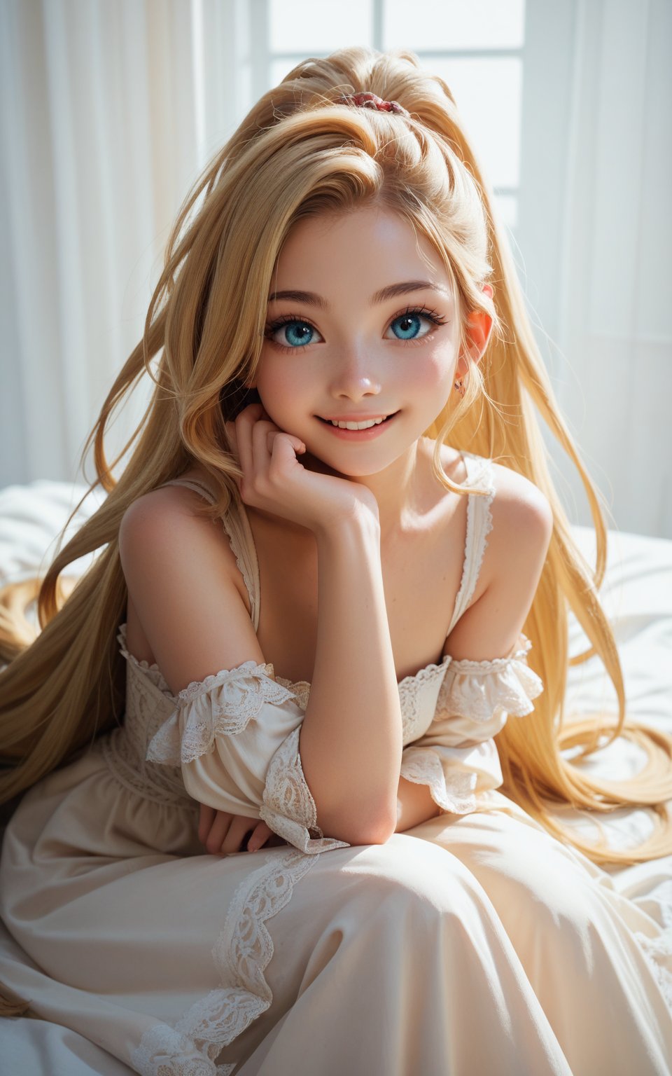 score_9, score_8_up, score_7_up, score_6_up, score_5_up, score_4_up, woman in laced dress, with extremely long ponytail, blonde hair with highlights, very cute face, very detailed big eyes, smile, Expressiveh