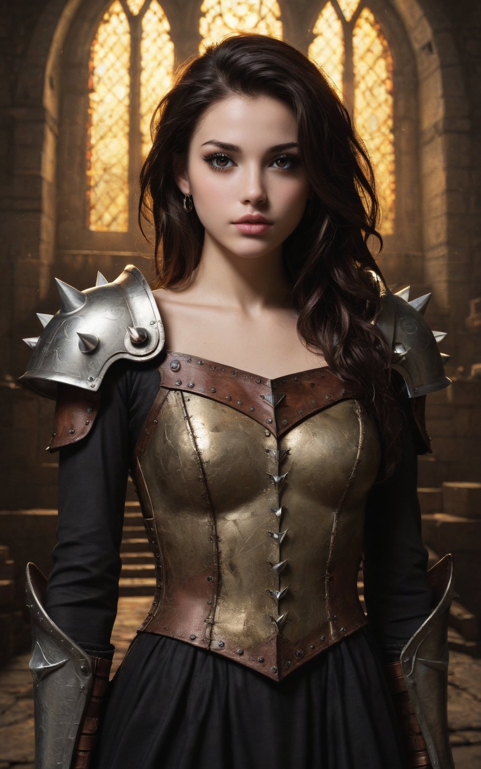 a beautiful female warrior, detailed face, piercing eyes, full lips, long eyelashes, tight-fitting outfit without neckline, metal shoulder pads with spikes, intricate armor, dramatic lighting, realistic, cinematic, dark fantasy, in a castle parapit overlooking the valley, high detail, 8k, hyper detailed, masterpiece