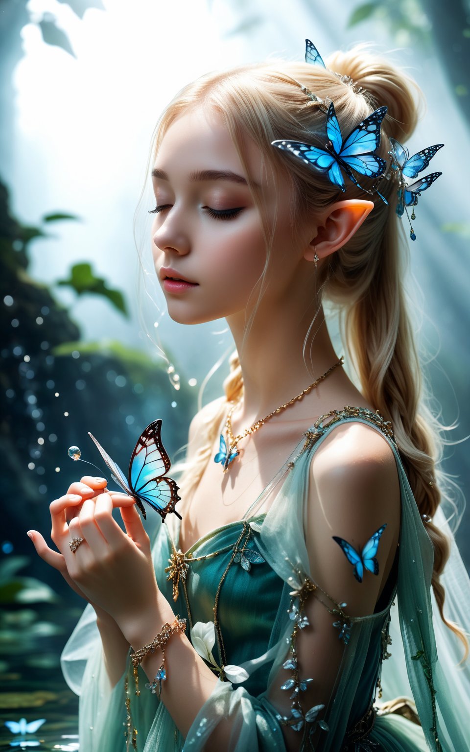 Masterpiece photo of a extremely beautiful 18yo girl, petite, small breasts, skinny, full body, eyes closed, elf ears, long blonde hair, ponytail, transparent dress, fairy wings, jewelry, necklace, arm bracelets, kneeling, close-up, holding butterfly on her finger, ealistic, dynamic lighting, beautiful environment, (water:0.5), highly detailed, concept art, realistic high key, bright, cinematic , high budget , volumetric fog, light scattering
, ,large-eyed 
