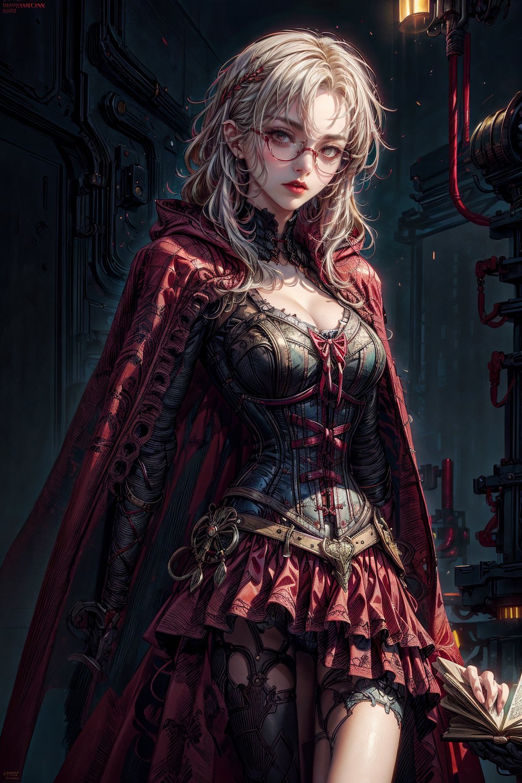 ((best quality, masterpiece))
(red hood, cape, corset, dress, red skirt), 
strong shadows,adult (elven:0.7) 
woman, detailed face,ruby eyes, copper beach waves hair, white hair,
1girl with magic book flying, wearing mechanic uniform, glasses, mechanic parts, digital illustration, dramatic lighting, blue side lighting, digital painting, highly detailed, artstation, sharp focus, art by artgerm, greg rutkowski and alphonse mucha