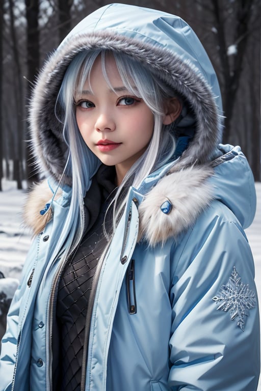 masterpiece, best quality, ultra-detailed, 1girl, child face, yamanaka ino, long_white_hair, hair_light_blue_tips light_blue_eyes, Long hooded parka with fur lining, closed parka, fishnet, full_black_body_suit, solo, navel, intrincate ice background, volumetric lighting, intricate details, tonemapping, sharp focus, hyper detailed, trending on Artstation,IceAI, Cold, Icy, Distant, Unfeeling, Aloof, Detached, Emotionless, Unemotioal, Steely, Unsympathetic, Unresponsive, Reserved, Expressionless, Impenetrable, Stoic, ice needles between fingers, realistic, 
