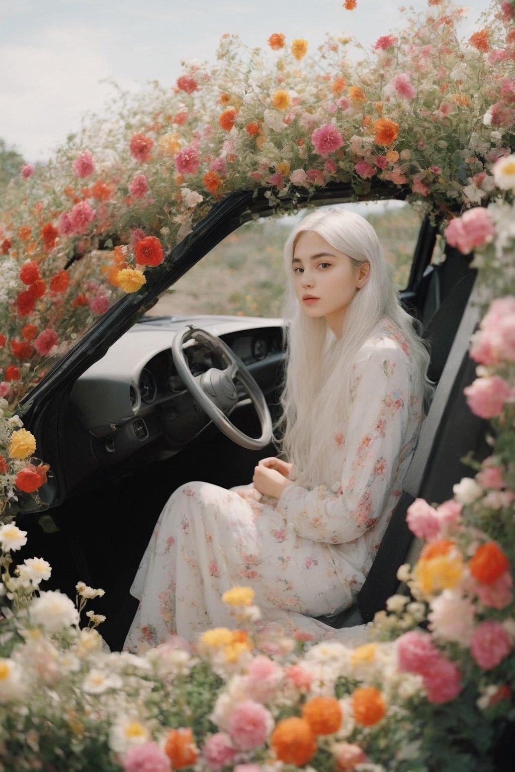 a Persian girl with white hair sitting in car filled withflowers, art by Rinko Kawauchi, in the style ofnaturalistic poses, vacation dadcore, youthfulenergy, a coolexpression, body extensions, flowersin the sky, analog film, super detail, dreamy lofiphotography, colourful, covered in flowers andvines, Inside view,FlowerStyle,r,hhc,interior,real_booster