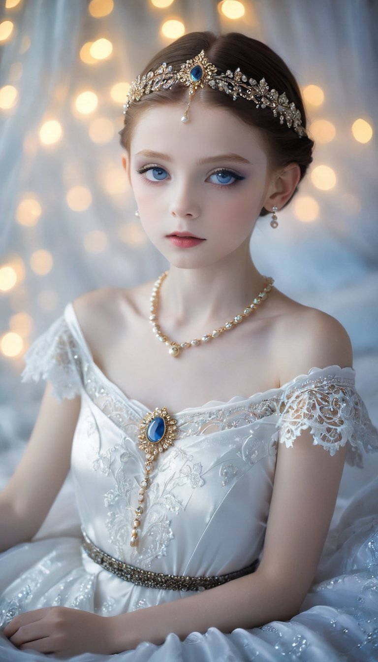 ((Bokeh:1.5)),((Soft focus:1.5)),(Fog),((blur)),(Lens Flare),
The Childlike Persian  Empress,stunning beautiful young albino girl,12 yers old,alabaster skin,Brown hair,very short Brown hair,((Slicked back hair)),((Forehead)),(head chain with jewelry stone),
girl has Beautiful blue eyes, soft expression,(heavy black eyeshadow:1.2), Depth and Dimension in the Pupils, wears white delicate fractal pattern lace dress,Incredibly long Dress Lace,
Lying on a bed of shells,
creating a sense of movement and depth,
p3rfect boobs,3d toon style,Face makeup,Anime Style