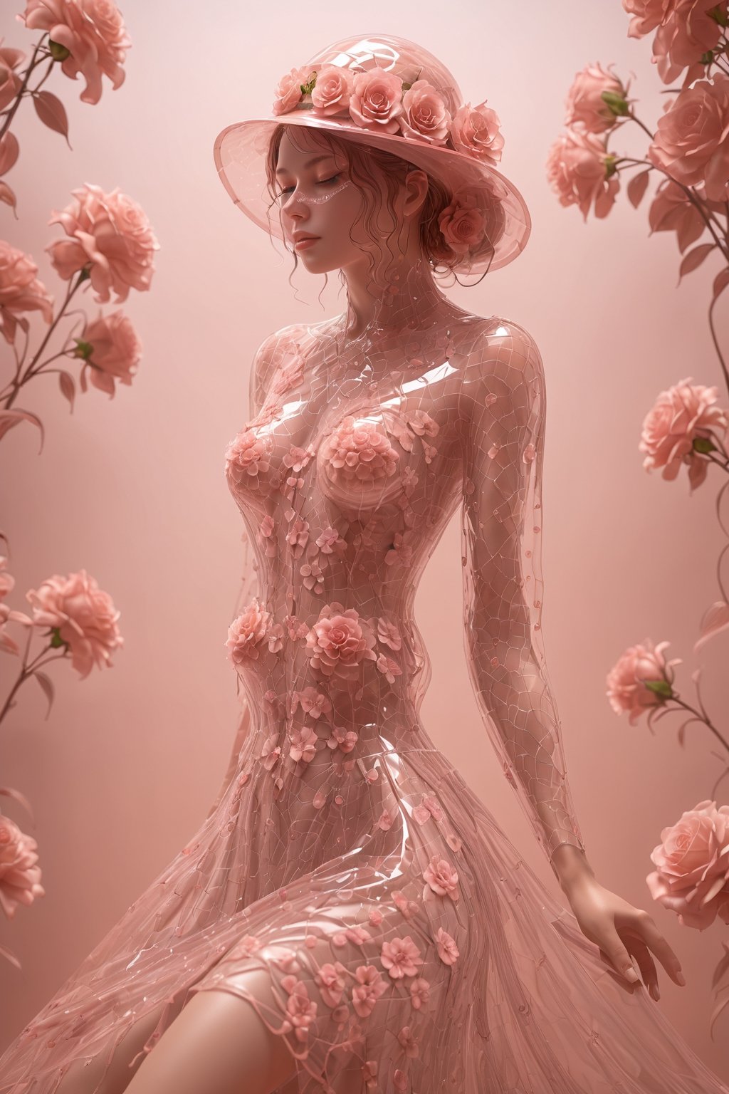  young argentinian Persian girl,(Flower blind:1.2),Cowboy shot, framed by flowing rose-tinted hair, luminescent Transparent dress, delicately hugs her figure,Glossy body suit,accentuating the floral patterns dress,aw0k,dfdd,2d_animated,Utra,Flower Blindfold
