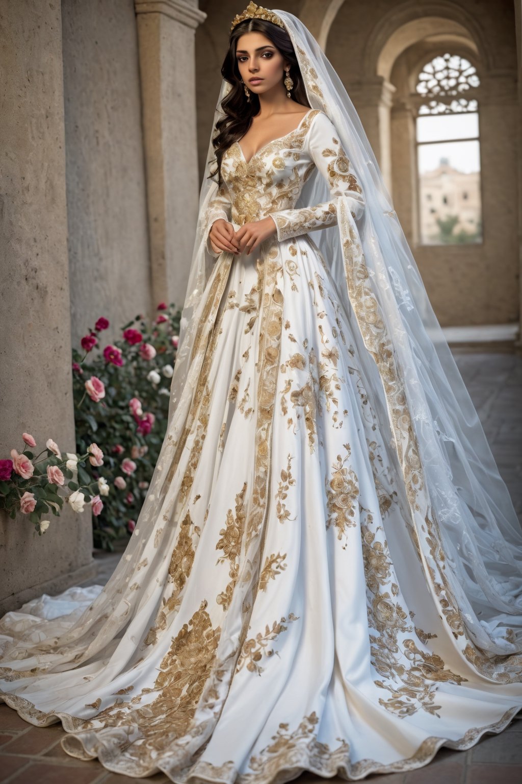 Gorgeous  Persian  girl,
 gorgeous pure white bridal gown, mysterious beauty, exquisite materials such as silk and satin, elaborate embroidery and lace work,((Gold embroidered dress with butterfly motif)),
 flowing silhouette dress, voluminous skirt and wide sleeves, decorated with beautiful floral motifs and delicate lace,b3rli