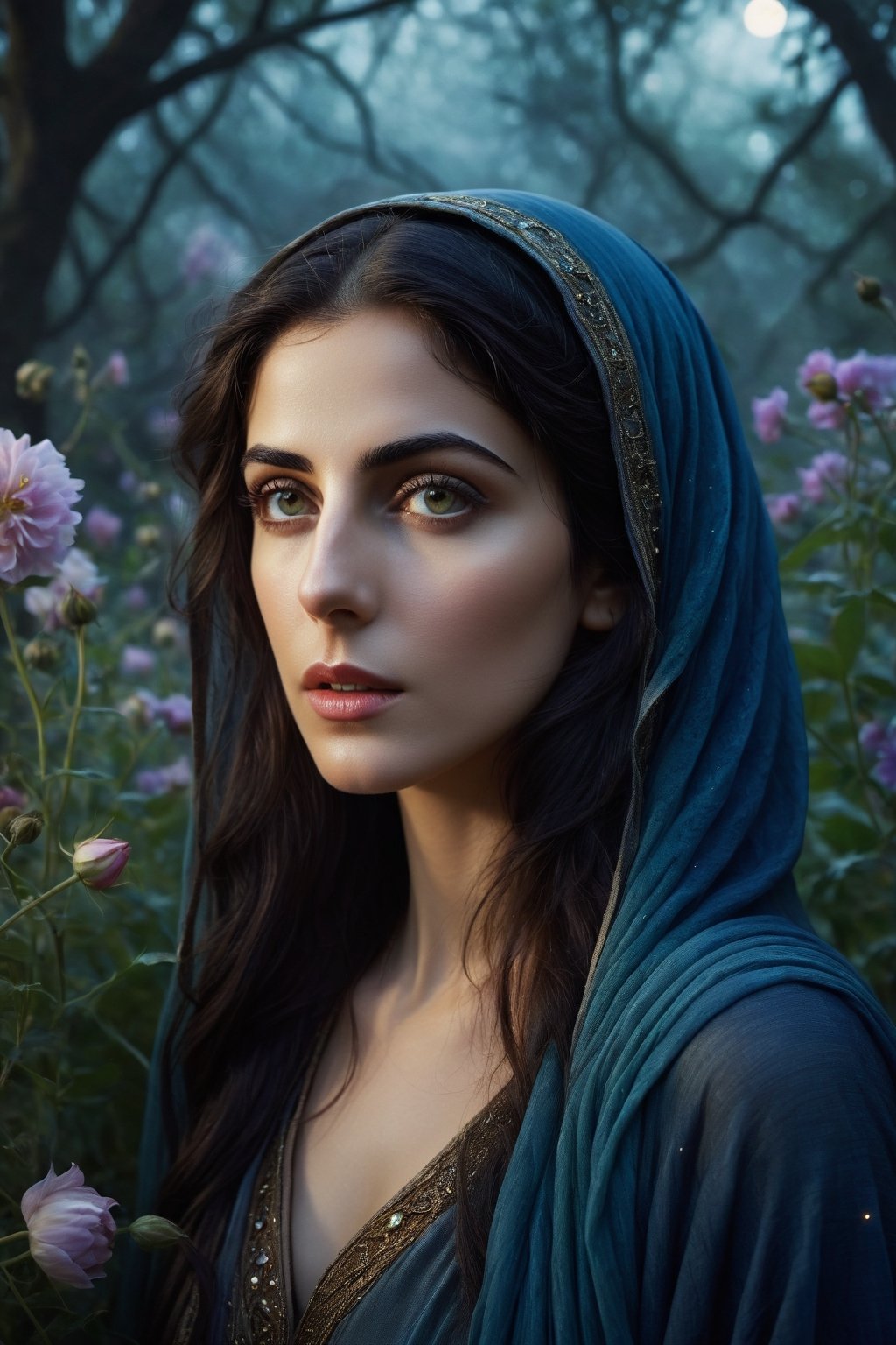 In a mystical realm, a Persian woman emerges as the protagonist of an enigmatic portrait. The backdrop, a celestial fusion of twilight hues and ethereal mist, sets the stage for an otherworldly tale. Cloaked in attire that mirrors the delicate balance between nature and magic, the woman becomes a living canvas of mystery. Her eyes, a reflection of distant galaxies, hold the secrets of forgotten constellations. The air is tinged with an electric anticipation as the scene unfolds against the backdrop of an ancient, overgrown garden, where flowers bloom in hues unseen by mortal eyes. In this random style portrait, the woman embodies the intersection of the mystical and the earthly, inviting viewers to unravel the threads of a story that transcends the boundaries of reality.