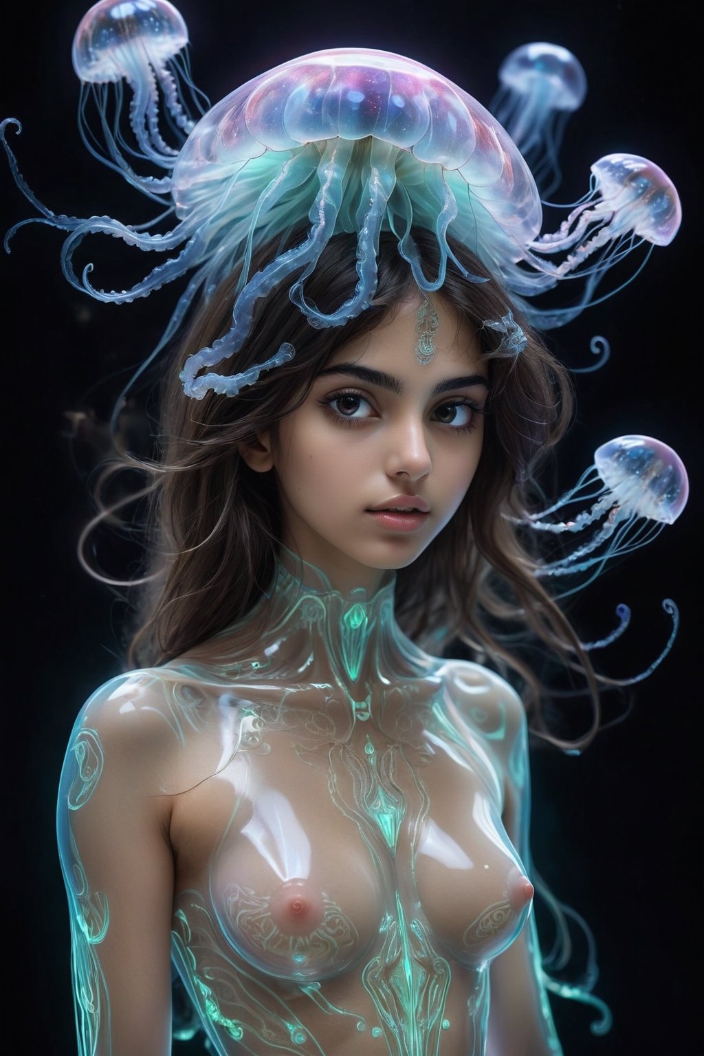 A young Persian  girl with translucent skin, resembling a celestial being, draws inspiration from jellyfish,luminescent organ,beautiful body
,showcasing a beautiful extraterrestrial presence. The ethereal combination of translucent skin and celestial motifs transforms her into a captivating otherworldly entity.,Clear Glass Skin,real_booster,neon photography style
