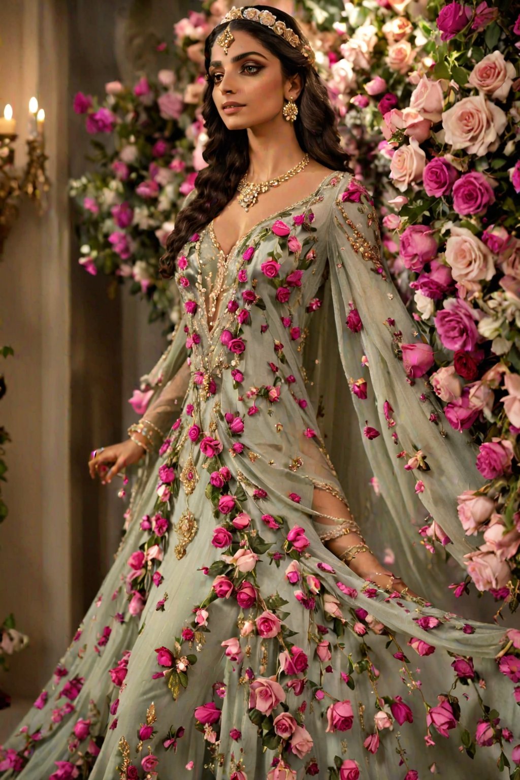 peerless beauty slavs Persian girl,adorned in a fantasy-themed caftan dress, resplendent with roses. This noblewoman exudes an aura of grace and elegance as she glides through the room, her dress trailing behind her like a cascade of delicate petals. The caftan, intricately embellished with intricate floral patterns and shimmering gemstones, enhances her ethereal allure. With every step, she exudes the timeless charm of a fairy-tale princess, ,Flower queen,Pakistani dress