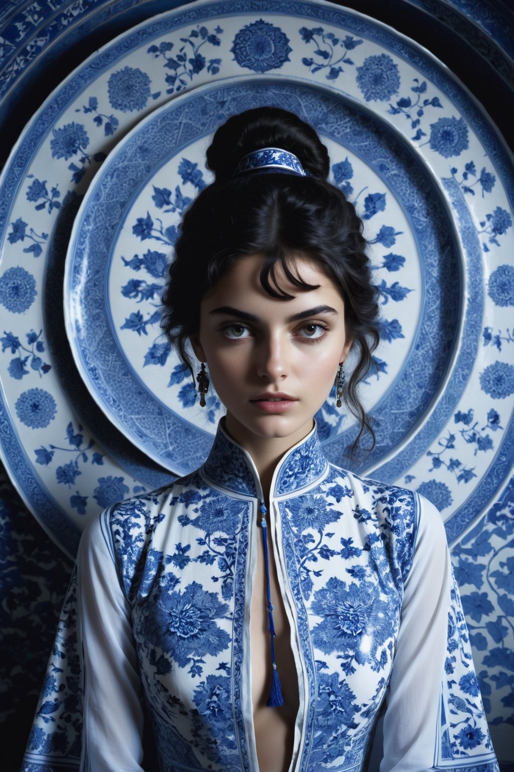  , cinematic  moviemaker style, uhd,18-year-old beautiful Persian  girl ,with oriental chinese style broken blue and white porcelain pattern,serene,portrait photography by tim walker, fashion editorial,accent lighting,cinematic,photorealistic,octane render,HD 8K DSLR,sharp focus,depth of ,detailmaster2