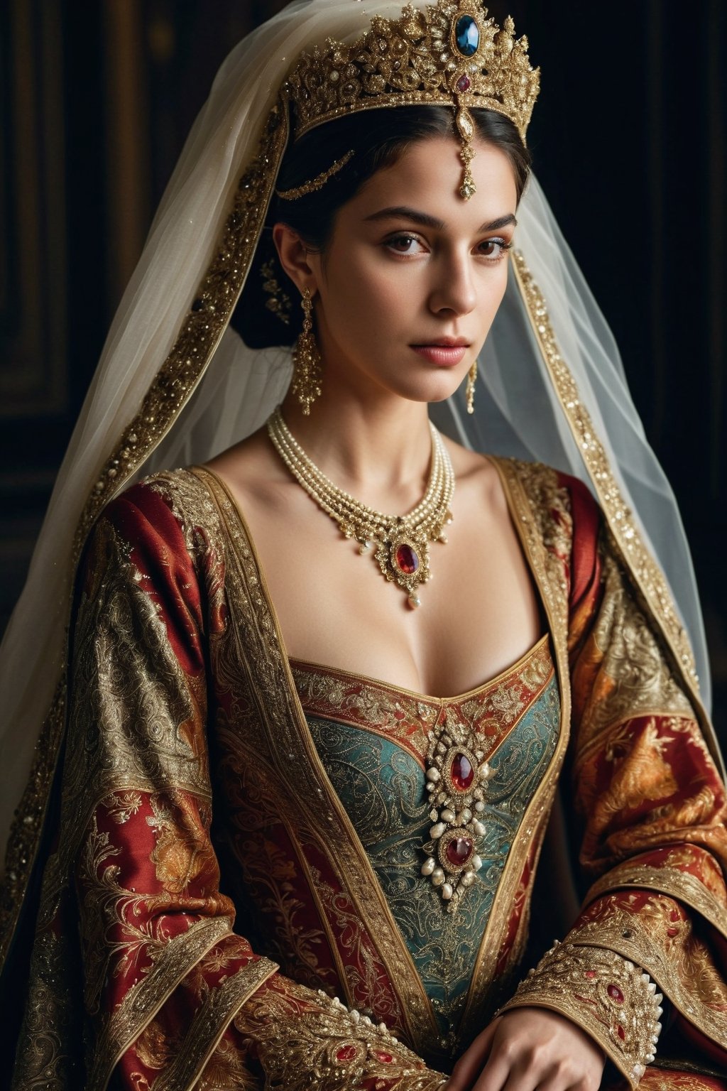In medieval Russia, the Persian queen's dress is a masterpiece of opulence. The rich fabric, a blend of silk and brocade, shimmers with a golden sheen. Elaborate patterns of intertwining vines and intricate floral motifs, meticulously embroidered with threads of the finest gold, adorn the gown. The bodice is fitted and adorned with rare gemstones, reflecting a kaleidoscope of colors as the queen moves. Layers of luxurious fabric cascade elegantly, creating a regal silhouette. The ensemble is completed with a headdress, where pearls and diamonds are meticulously arranged, framing the queen's face with an ethereal glow. Every detail embodies the queen's status, capturing the essence of medieval Russian royalty.