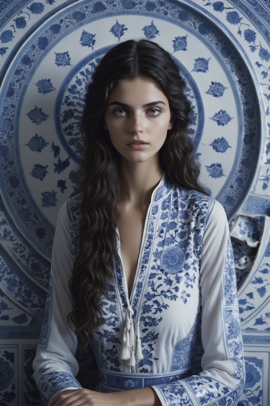  , cinematic  moviemaker style, uhd,18-year-old beautiful Persian  girl ,with oriental chinese style broken blue and white porcelain pattern,serene,portrait photography by tim walker, fashion editorial,accent lighting,cinematic,photorealistic,octane render,HD 8K DSLR,sharp focus,depth of ,detailmaster2