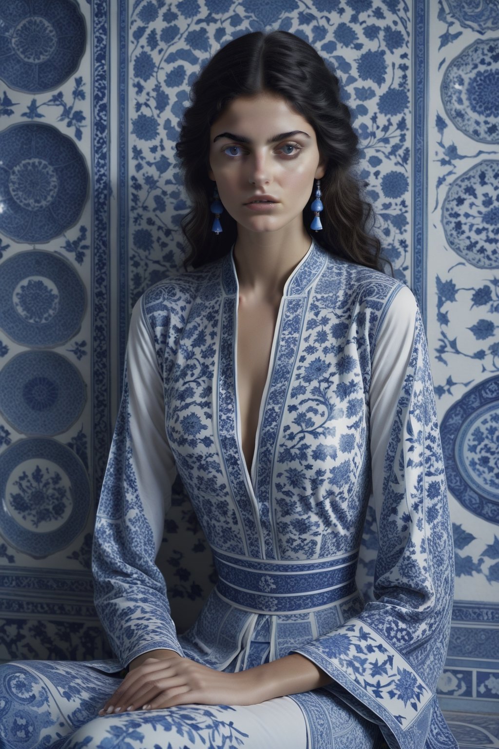  , cinematic  moviemaker style, uhd,18-year-old beautiful Persian  girl ,with oriental chinese style broken blue and white porcelain pattern,serene,portrait photography by tim walker, fashion editorial,accent lighting,cinematic,photorealistic,octane render,HD 8K DSLR,sharp focus,depth of ,detailmaster2