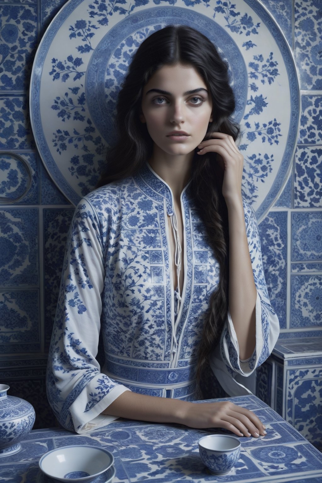  , cinematic  moviemaker style, uhd,18-year-old beautiful Persian  girl ,with oriental chinese style broken blue and white porcelain pattern,serene,portrait photography by tim walker, fashion editorial,accent lighting,cinematic,photorealistic,octane render,HD 8K DSLR,sharp focus,depth of ,detailmaster2