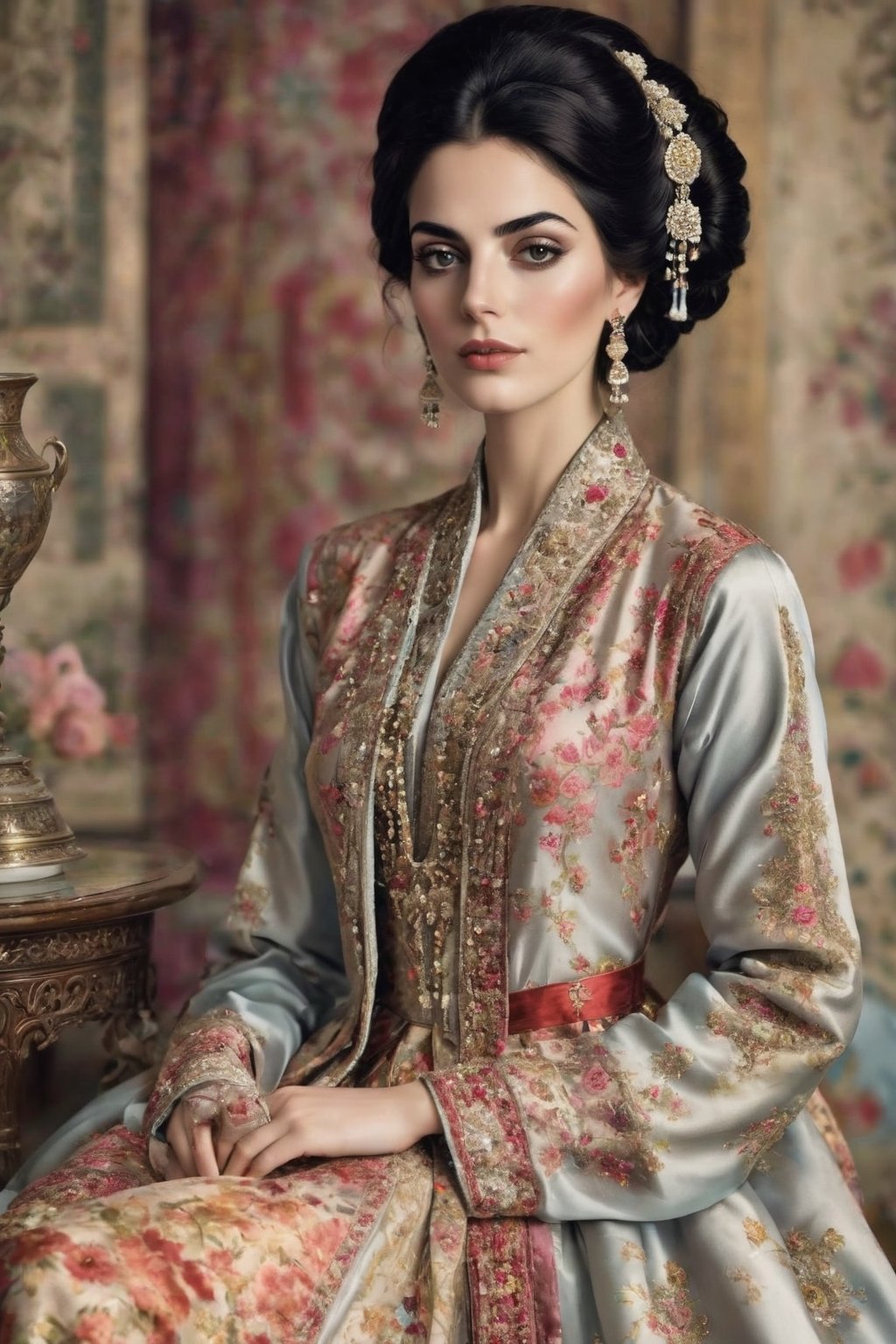 Persian noblewoman,(Persian ),adorned in opulent attire blending Chinese and medieval European styles,Envision her wearing a luxurious silk robe, traditional Chinese patterns, layered over a lavish gown featuring rich fabrics and elaborate draping characteristic of medieval European fashion,elegantly styled hair, adorned with ornate hairpins and delicate silk ribbons,Hanbok