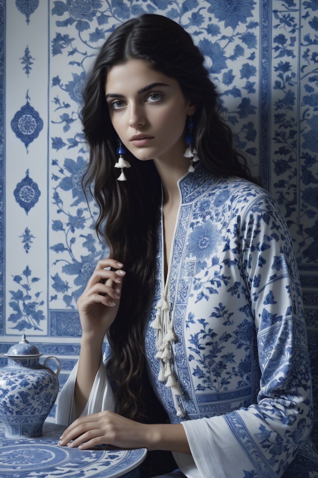  , cinematic  moviemaker style, uhd,18-year-old beautiful Persian  girl ,with oriental chinese style broken blue and white porcelain pattern,serene,portrait photography by tim walker, fashion editorial,accent lighting,cinematic,photorealistic,octane render,HD 8K DSLR,sharp focus,depth of ,detailmaster2