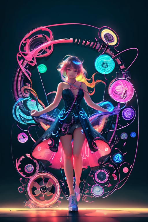 (masterpiece, best quality, fantasy, absurdres, concept art), medium shot, womans hair is made from thin multicolored neon tendrils:1.5), (long thin multicolored neon string hair is flowing down her body), her hair made of thin multicolored neon tendrils is conforming to and covering her body forming a dress, neon fibers:1, cables of neon strings, scenery is cables and tech, intricate and detailed tech gear, chaos, beautiful detailed glow, neon tendrils, flowing, multicolored neon strings swirling around the character:1.3, intricated:1, detailed light:1.2, high-res CG, dynamic angle,LaceAI,Wlop
