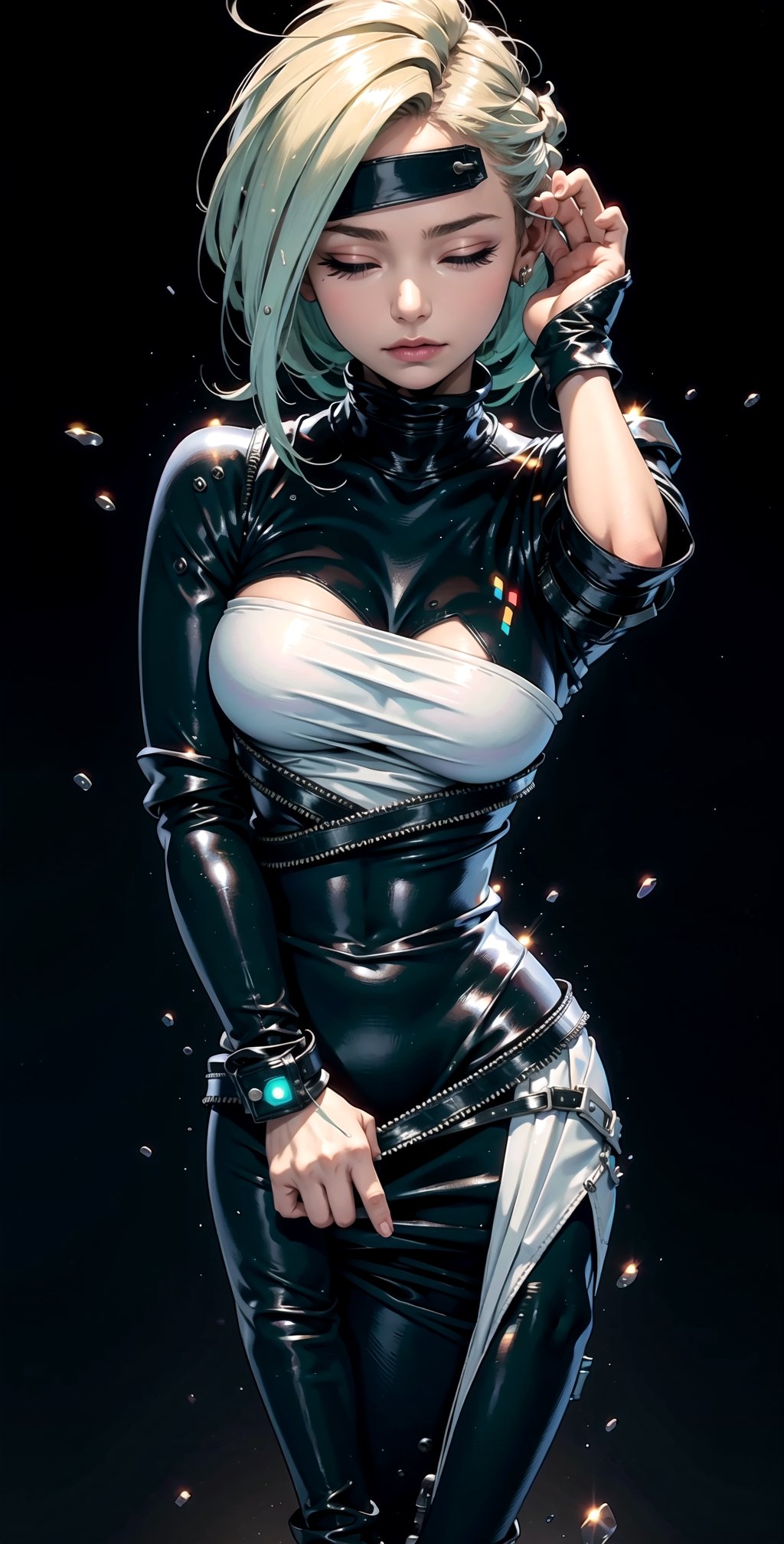 edgNoire, upper body shot, female, woman wearing casual hoodie with logos, sleek designer bodysuit, (cyber leggings:1.1) , cyberpunk scene , masterpiece, best quality, 1girl, closed eyes, upper body, splashing, abstract, psychedelic, neon, (creative:1.3), sy3, SMM, fantasy00d, hands up dancing, , alluring_lolita_girl, , fully_dressed, , yorha no. 2 type b, 