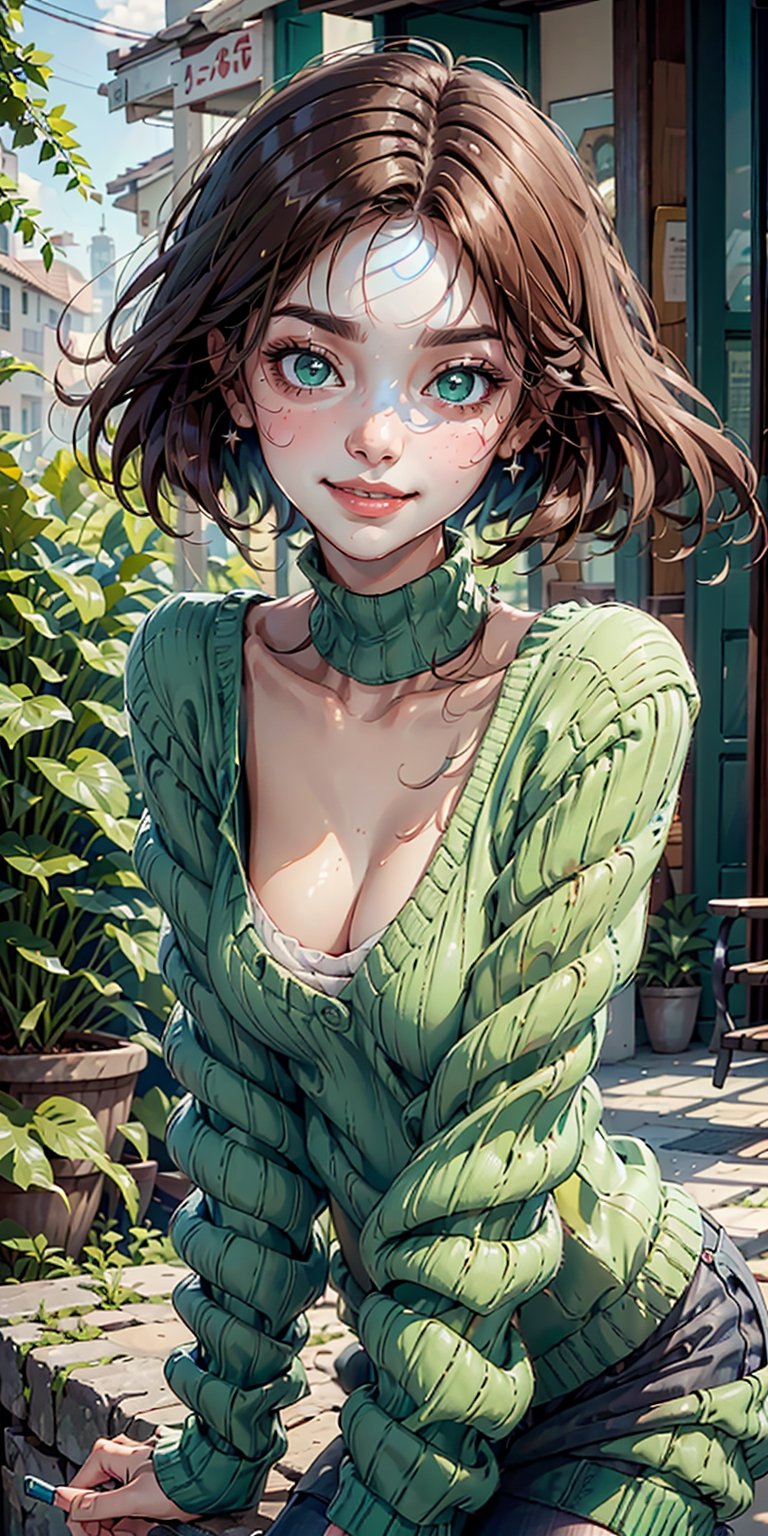 Stunning masterpiece portrait in high resolution beautifully detailed girl with long, shiny brown hair and mesmerizing green eyes, She is dressed in a cozy sweater and sparkles with a gorgeous smile, which accentuates her small, but perfectly shaped breasts.,destiny /(takt op./),gwen stacy,,1girl