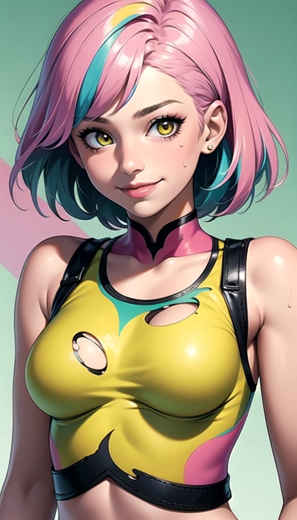 Girl wearing a crop top, smile, looking at viewer, large breasts, short hair,pink hair,streaked hair,multicolored hair,yellow eyes,photo, realistic, masterpiece, best quality, super detail, (soft green background),1girl
,High detailed ,torn clothes