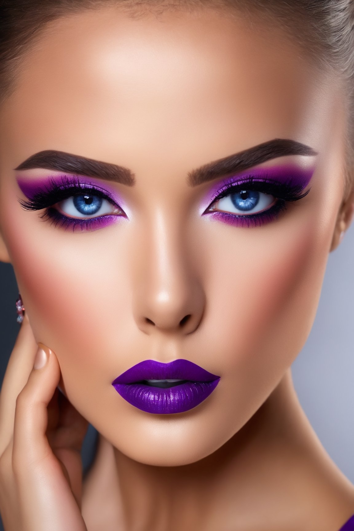 (best quality,4k,8k,highres,masterpiece:1.2),ultra-detailed,(realistic,photorealistic,photo-realistic:1.37),beautiful woman,makeup,detailed eyes,detailed lips,purple lipstick,close-up portrait,soft lighting,vibrant colors,purple color scheme,high-resolution details,hair strands,smoky eyeshadow,shimmering highlights,elaborate eyelashes,flawless complexion,feminine features,expressive gaze,subtle blush,natural eyebrows,feminine beauty,extraordinary realistic textures,meticulous attention to detail,professional photography,studio lighting,masterful makeup application,artistic expression,striking visual impact,8k resolution,impeccable facial features,mesmerizing intensity,perspective from below,sharp focus,endless visual depth,magical ambiance.