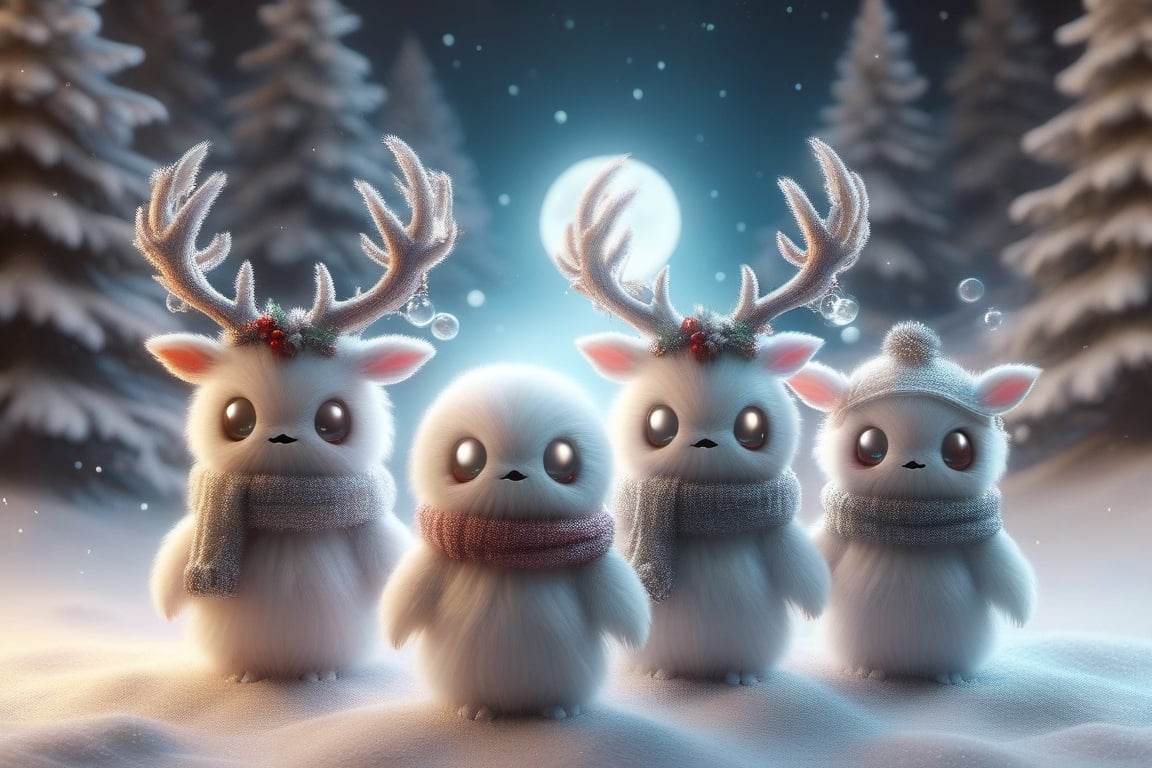 five cute chibi ghost snowmen with deer horns , standing,fighting pose,Led lights body , sexy, mountain, moon, stars, valley, gnarly pine trees,xxmixgirl,ral-chrcrts,ghost person