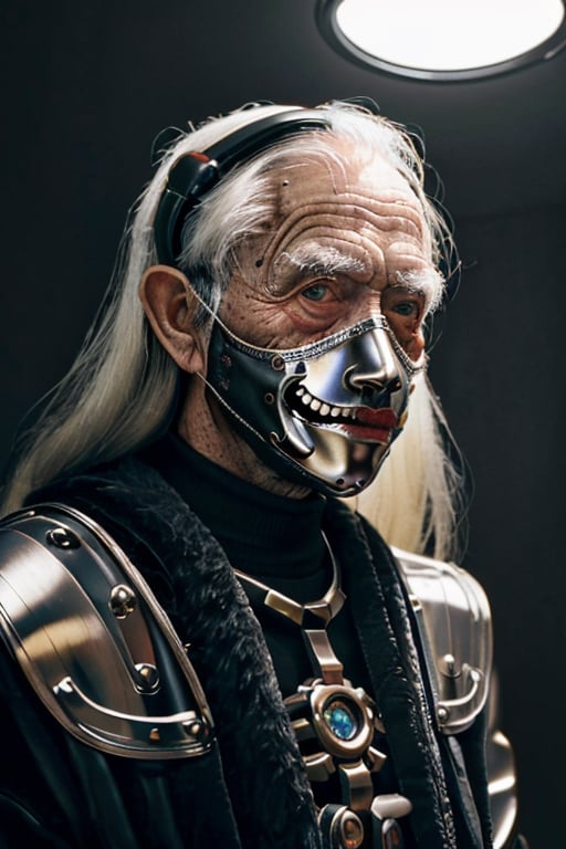a cyborg of a old creepy man wearing a weird mask , with future SF cyborg costume,fantasy art,  intricate udetails, 8k,futer metallic design ,front-view ,cyborg design 