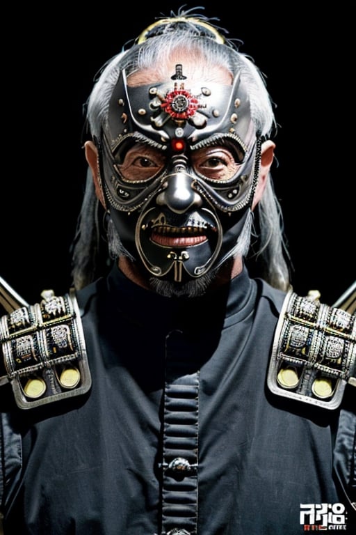a old creepy man wearing a weird mask , with future SF samurai cyborg costume,fantasy art,  intricate details, 8k,futer metallic design ,front-view ,cyborg design 