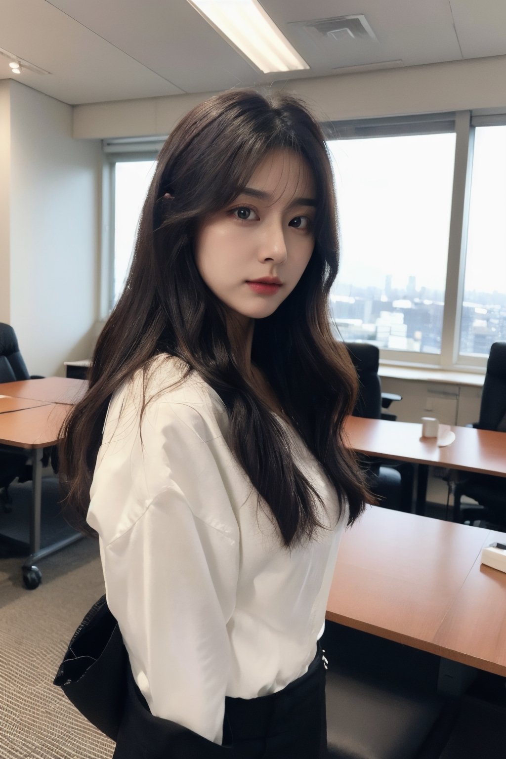 photorealistic:1.37, masterpiece, best quality, raw photo, uhd, 1girl, wavy hair, brown hair , looking at viewer, in the large meeting room of the office in the high tower office building in  Tokyo ,Tokyo tower,intricate detail, detailed background, detailed skin, pore, highres, hdr, beautiful model, soft light to the face,JP_MODELS , a 30 yo woman ,((white shirts, black pants suits )),blurry_light_background,eungirl,mikumonmon_48