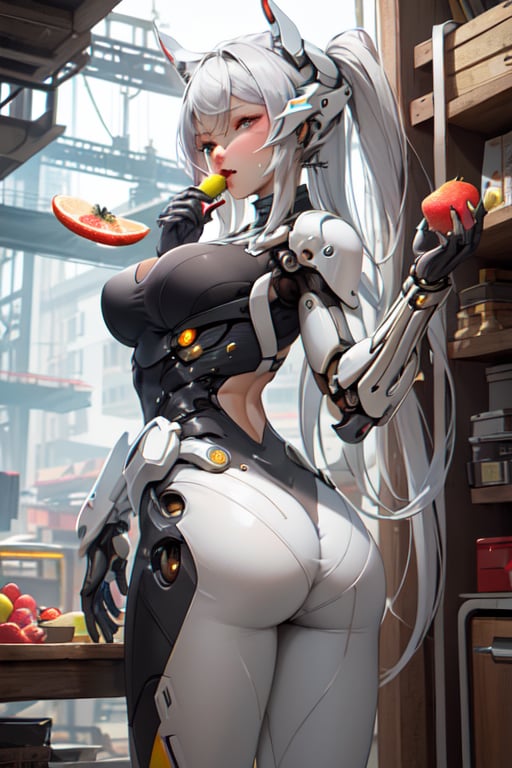 Cyborg girl, mechanical body, white matte porcelain metal armor, sexy ass shape, sexy breast shape, eating fruits, masterpiece, best quality,Mechanical_tentacles