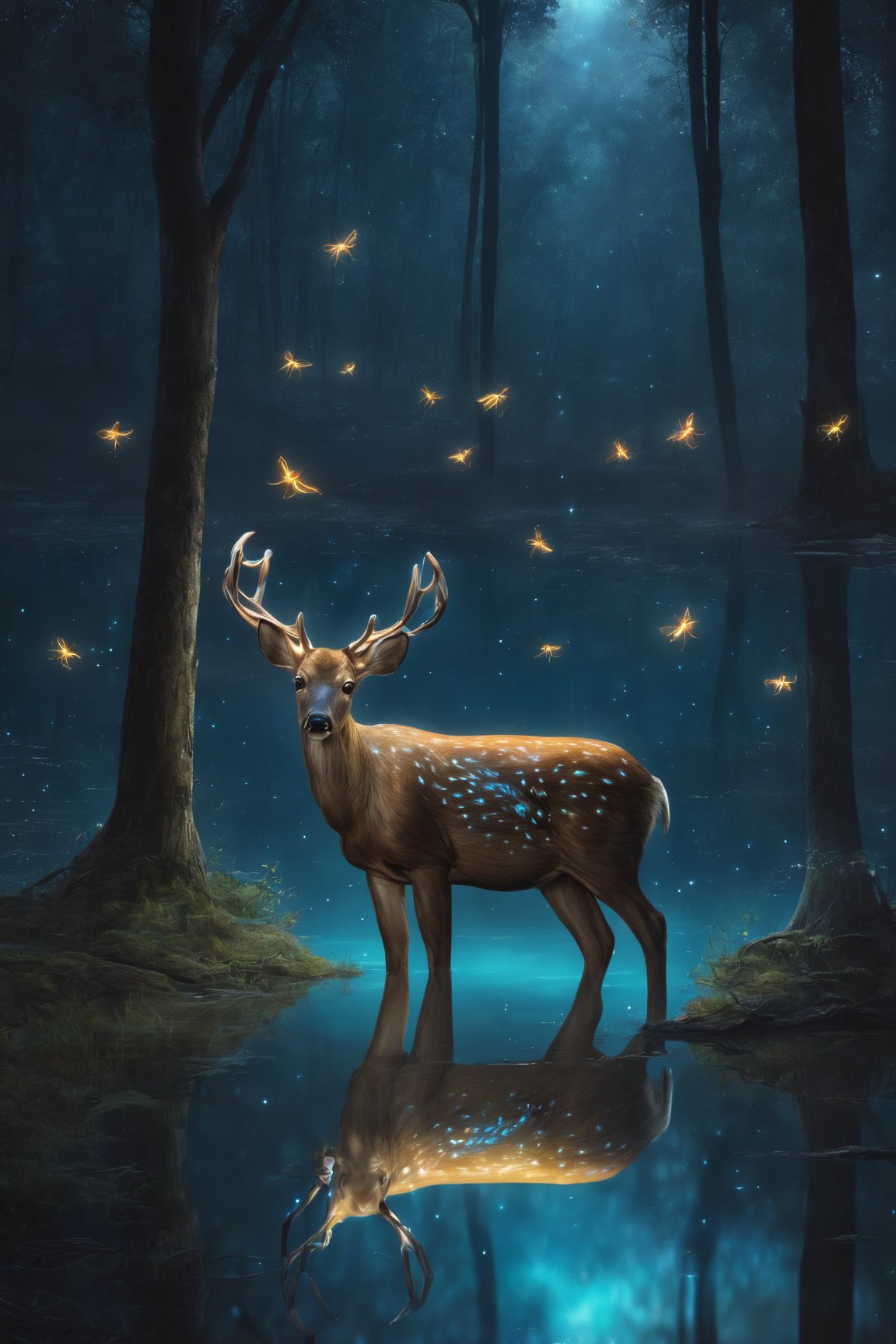 Hyper-realistic style of Jean-Baptise Mongue, a BioLuminiscent deer in the midle, clear waterhole, reflection, micro fireflies, dark night, forest juggle, very low light, whimsical,  fantasical, etheral, beauty, dreamy, high_res