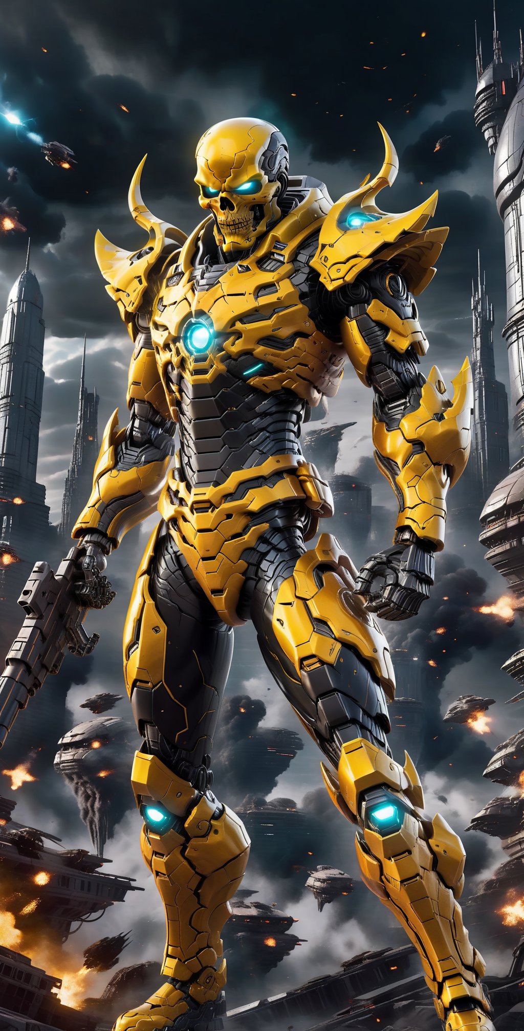 "Visualize yellow-black Skull, the sinister villain, donning a Hi-Tech suit of armor that marries his malevolence with advanced technology. In his hand, he grips a futuristic, lethal Hi-Tech gun, ready to unleash devastation. The scene is set against a backdrop of explosive chaos, underscoring the volatile and treacherous nature of his ambitions." Full body, 
