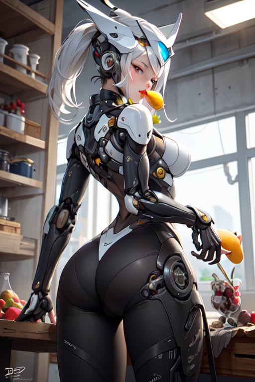 Cyborg girl, mechanical body, white matte porcelain metal armor, sexy ass shape, sexy breast shape, eating fruits, masterpiece, best quality,Mechanical_tentacles